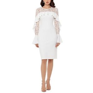 Betsy & Adam White Ruffled Lace-Yoke Sheath Dress Long Sleeve BRAND NEW